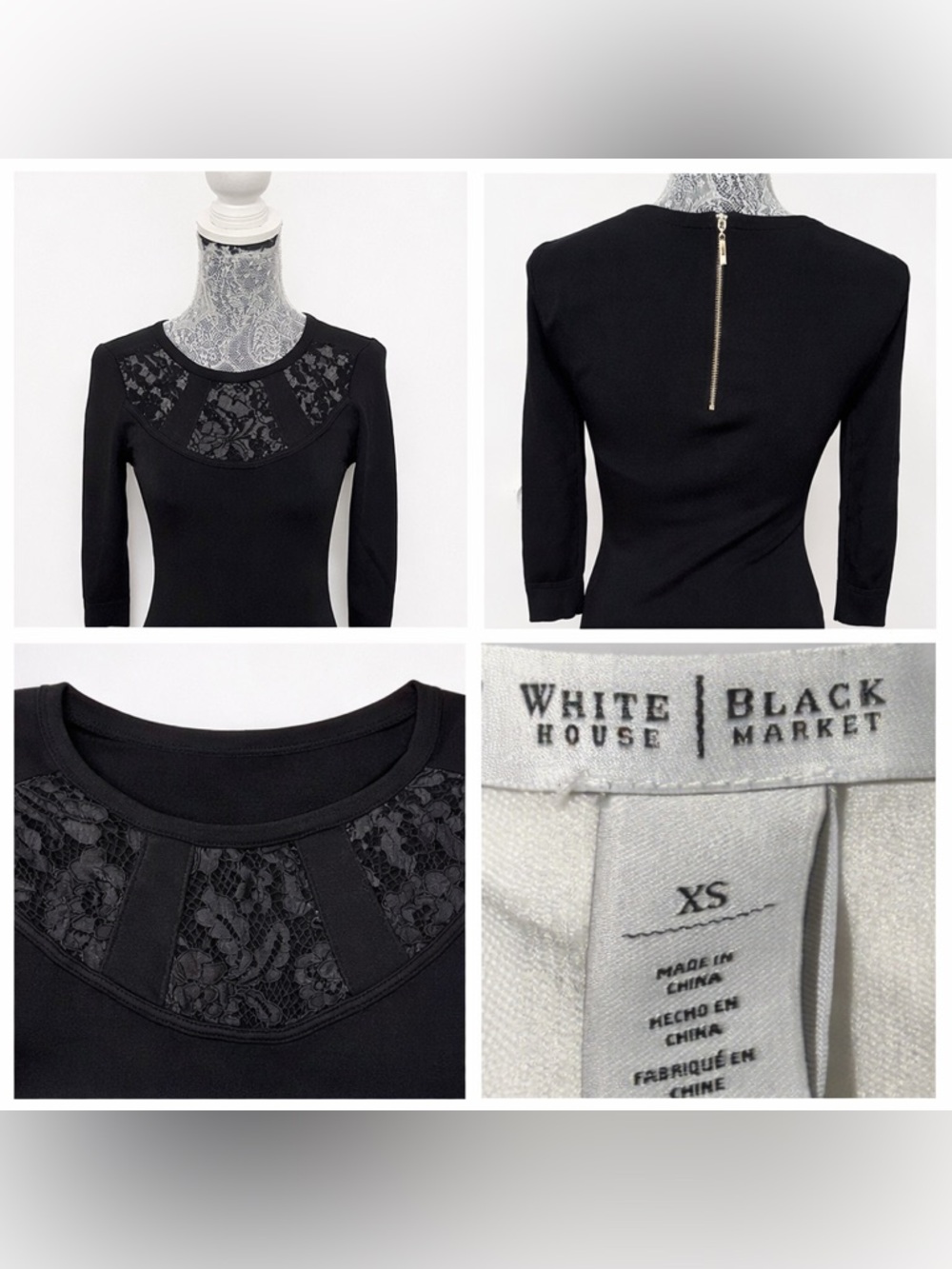 White House Black Market Black Lace Yoke Sweater XS Zip Back Stretch Knit Top